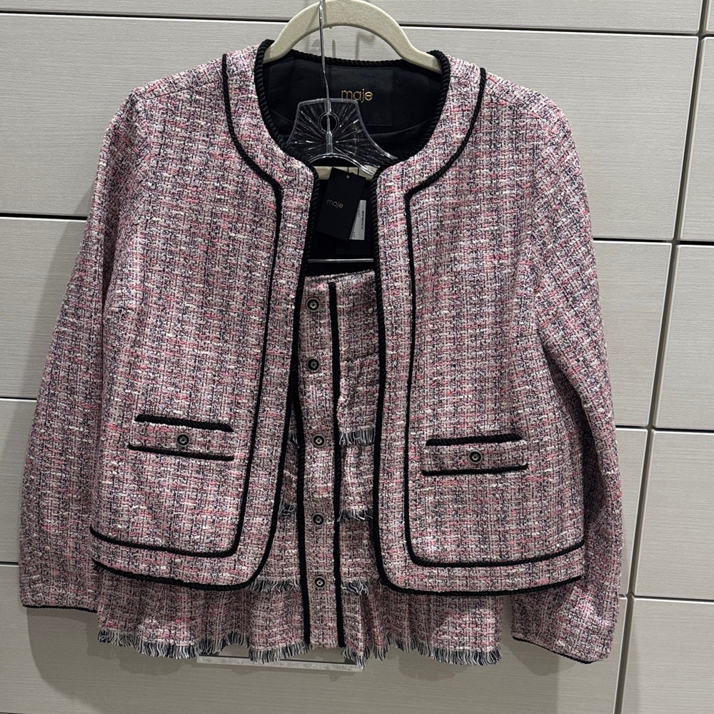 Maje Pink Tweed Cropped Blazer with Black Piping and matching skirt. NWT